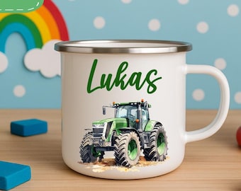 Emaille Tasse für Kinder Personalisierte Traktor Motiv, personalisierte Tasse Traktor, kindergarten tasser,Taufgeschenke,Kinderbecher