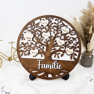 Può includere: Un decoro da parete a forma di albero genealogico in legno marrone con etichette con nomi a forma di cuore bianco. I nomi sulle etichette sono Emma, Stefan, Hanna, Inge, David, Buly e Anna. L'albero è su un supporto e le parole "Familie" sono scritte sul tronco.