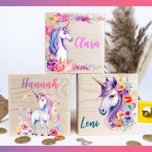 Spardose personalisiert mit name, Spardose Einhorn für Kinder, Spardose Holz mit individuellem Namen, Spardose Taufe, Geschenk fur kinder