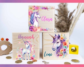 Salvadanaio personalizzato con nome, salvadanaio unicorno per bambini, salvadanaio in legno con nome individuale, salvadanaio battesimo, regalo per bambini