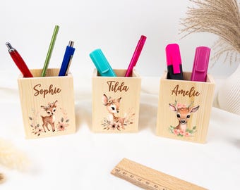 Pot à crayons avec nom motif cerf, cadeau de rentrée scolaire garçons filles, pot à crayons personnalisé enfants, pot à crayons décoration chambre enfant