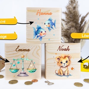 Hucha niño, hucha signo del zodiaco personalizada como regalo, hucha bebé, regalo para nacimiento, bebé, hucha madera, bautismo, regalo de bautismo,