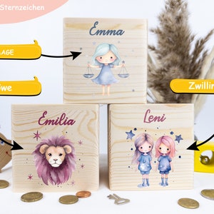 Hucha niño, hucha zodiaco personalizada como regalo, hucha bebe, regalo para nacimiento, bebe, hucha madera, bautizo, regalo bautizo,