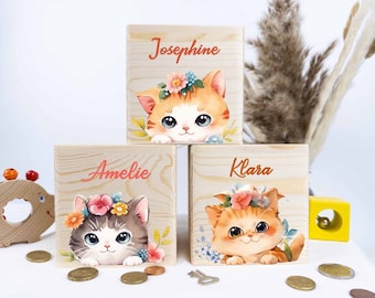 Spaarpot, gepersonaliseerde kattenspaarpot, kinderspaarpot, houten spaarpot, spaarpot voor jongen en meisje, doopspaarpot, cadeau voor kinderen