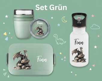 Set Mepal personalizado con diseño de dragón, lonchera personalizada con diseño de dragón, vaso para cereales, botella de agua infantil, regalo para la vuelta al cole
