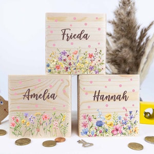 Spardose, Blumen Spardose personalisiert, Spardose kind, Spardose Holz,Spardose Mädchen, Spardose Taufe, Geschenk fur kinder