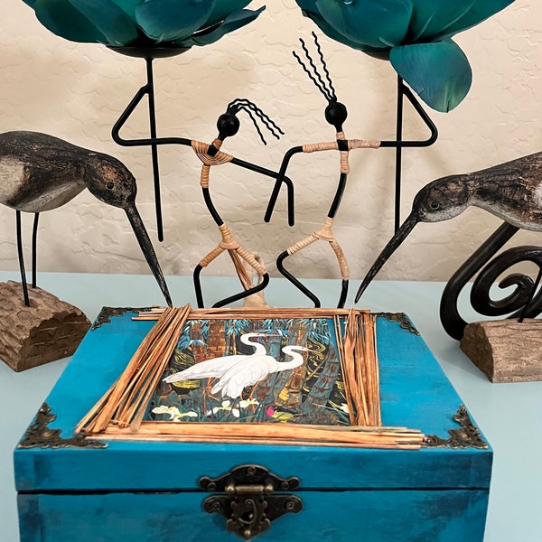 Tropical White Cranes and Bamboo Keepsake Box - Repurposed and Decorated Cigar Box