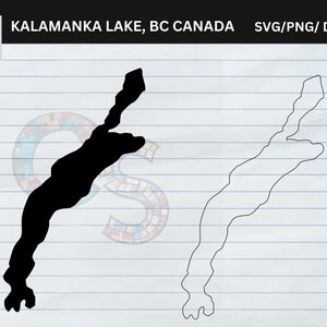 May include: Two vector graphics of Kalamanka Lake, BC Canada. One is a solid black silhouette of the lake's shape, and the other is a black outline. The text "KALAMANKA LAKE, BC CANADA" and "SVG/PNG/DXF/EPS" are displayed.