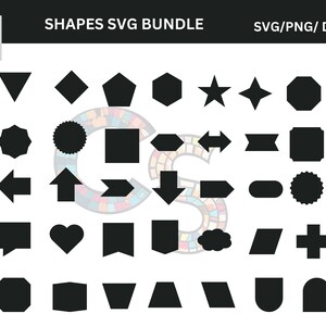May include: A collection of black SVG shapes, including triangles, squares, stars, arrows, and more. The image is labeled "SHAPES SVG BUNDLE" with file type information. A colorful logo is in the upper left corner.