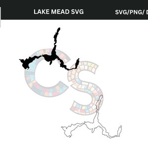 May include: Black silhouette of Lake Mead, with the text "LAKE MEAD SVG" and "SVG/PNG/DXF/EPS" in a black bar. The image includes a colorful "CS" logo in the upper left corner and a larger, faded "CS" logo in the background.