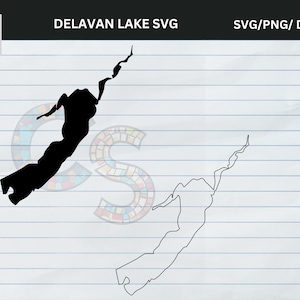 May include: Black silhouette of Delavan Lake SVG, with the text "DELAVAN LAKE SVG" and "SVG/PNG/ DXF/EPS". The image shows a solid black shape of the lake and a line drawing of the lake on a lined paper background.