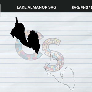 May include: Black silhouette of Lake Almanor, California, in SVG format. The image includes the text "LAKE ALMANOR SVG" and "SVG/PNG/DXF/EPS" in a black banner. The background is a lined paper design.