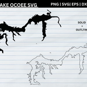 Può includere: Silhouette nera del lago Ocoee, con una versione a riempimento pieno e una versione contorno. Il testo "LAKE OCOEE SVG" è in alto, con opzioni di tipo di file sottostanti. Sono presenti anche le parole "SOLID + OUTLINE".