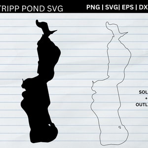 Puede incluir: Archivo SVG en blanco y negro de Tripp Pond, con versiones sólidas y de contorno. La imagen incluye el texto "TRIPP POND SVG" en la parte superior y opciones de tipo de archivo: PNG, SVG, EPS y DXF. El fondo es papel rayado.