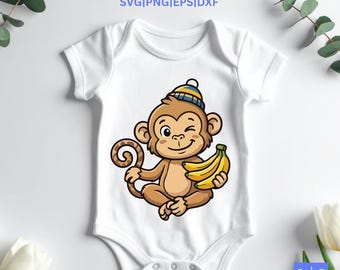 Monkey Banana SVG, Cute Monkey Shirt, Banana Baby Onesie, Jungle Baby Gift, Funny Kids Shirt, Cricut Cut File