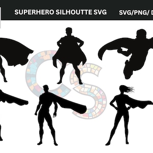 以下が含まれることがあります： 黒いスーパーヒーローシルエットSVGファイル。画像には、立っているポーズや飛んでいるポーズなど、さまざまなポーズのスーパーヒーローの姿が複数表示されています。「SUPERHERO SILHOUETTE SVG」と「SVG/PNG/DXF/EPS」のテキストが上部に表示されています。