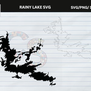 May include: A black and white Rainy Lake SVG graphic. The image features a solid black silhouette of the lake's outline next to a line drawing of the same lake. The text "RAINY LAKE SVG" and "SVG/PNG/ DXF/EPS" are displayed at the top.