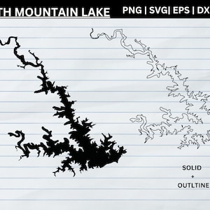 May include: A black and white graphic of Smith Mountain Lake, with a solid black fill and an outline version. The text "SMITH MOUNTAIN LAKE" is at the top. The image also includes file type indicators: PNG, SVG, EPS, and DXF.
