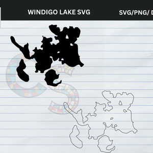 Puede incluir: Silueta negra del lago Windigo, con el texto "WINDIGO LAKE SVG" y "SVG/PNG/ DXF/EPS". La imagen incluye una forma rellena y un contorno de la forma del lago, sobre un fondo de papel rayado.