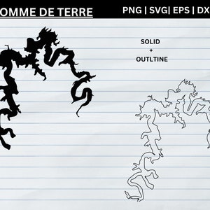 May include: Black silhouette of a winding, organic shape, labeled "Pomme de Terre" at the top. The image includes a solid version and an outline version of the shape, with file type options: PNG, SVG, EPS, and DXF.