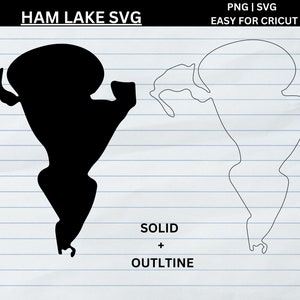 May include: A digital graphic featuring the outline of Ham Lake, in both solid black and outline formats. The text "HAM LAKE SVG" is at the top, with "PNG | SVG EASY FOR CRICUT" above the images. Below the images, the text reads "SOLID + OUTLTINE".