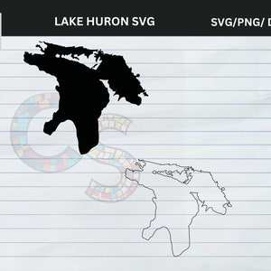 Può includere: Silhouette nera del lago Huron con il testo "LAKE HURON SVG" e "SVG/PNG/ DXF/EPS" su uno sfondo di carta a righe. Un logo colorato si trova nell'angolo in alto a sinistra. Un secondo contorno del lago è sotto.