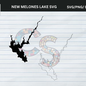 May include: Black silhouette of New Melones Lake SVG design, with the text "NEW MELONES LAKE SVG" and "SVG/PNG/ DXF/EPS". The design is on a lined paper background. A colorful "CS" logo is in the upper left.