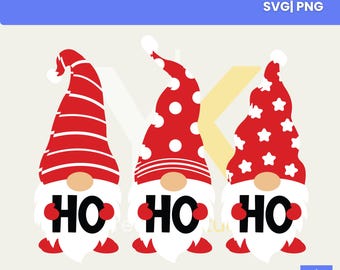 May include: Three Christmas gnome designs with red hats and white beards. The hats feature stripes, polka dots, and stars. Each gnome has the words "HO HO" in black. The image includes the text "HO HO HO CHRISTMAS GNOME SVG" and "SVG|PNG".