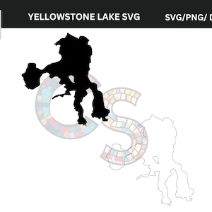 May include: Black silhouette of Yellowstone Lake SVG file, with a second outline version. The text "YELLOWSTONE LAKE SVG" is above the image, and "SVG/PNG/DXF/EPS" is to the right. A colourful logo is in the upper left corner.