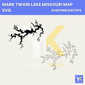 May include: A black and white graphic of the Mark Twain Lake in Missouri. The image includes the text "MARK TWAIN LAKE MISSOURI MAP SVG." and file type options: SVG, PNG, DXF, and EPS. The image has a light yellow and white background.