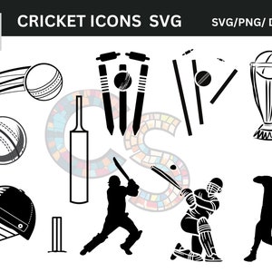 Puede incluir: Iconos de cricket en blanco y negro en formatos SVG, PNG, DXF y EPS. La imagen incluye una pelota de cricket, bates, wickets, un casco y siluetas de jugadores.