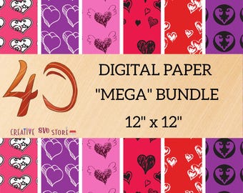 Paquete de papeles digitales con corazones para San Valentín / 40 diseños rojos y rosas (PDF/AI)