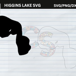 May include: Black and white Higgins Lake SVG graphic. The image features a solid black silhouette of the lake's shape next to a line drawing of the same shape. The text "HIGGINS LAKE SVG" is at the top, along with "SVG/PNG/DXF/EPS".