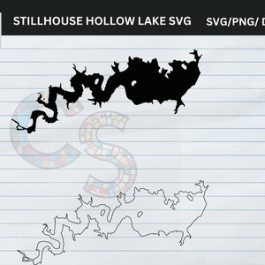 Op de afbeelding: Zwart silhouet van Stillhouse Hollow Lake, een watermassa, met de tekst "Stillhouse Hollow Lake SVG" en bestandstype-opties. De afbeelding staat op een achtergrond van gelijnd papier met een kleurrijk logo in de linkerbovenhoek.