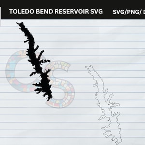 May include: Black silhouette of the Toledo Bend Reservoir, a lake, on a lined paper background. The image includes the text "TOLEDO BEND RESERVOIR SVG" and "SVG/PNG/DXF/EPS". A second outline version of the lake is also present.