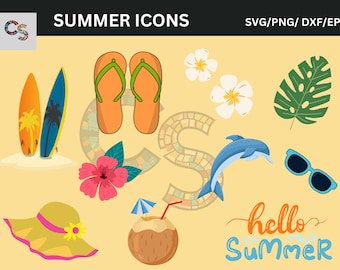 Zomer pictogrammen clipart SVG bundel | Strand, zon, vakantie, tropisch, vakantie digitale graphics