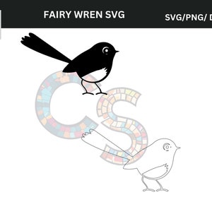 May include: A black and white illustration of a fairy wren bird. The image includes the text "FAIRY WREN SVG" and "SVG/PNG/DXF/EPS". A colourful logo is in the upper left corner. The bird is depicted in two styles.