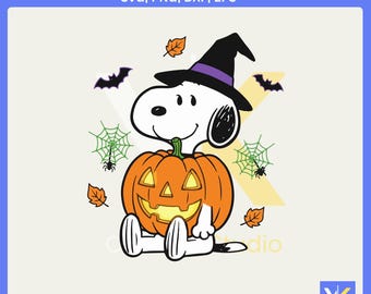 May include: A Halloween-themed graphic featuring Snoopy sitting in front of a carved orange pumpkin. Snoopy wears a black witch hat with a purple band. The design includes bats, spiderwebs, and autumn leaves. Text at the top reads "SNOOPY PUMPKIN STOMACH SVG".
