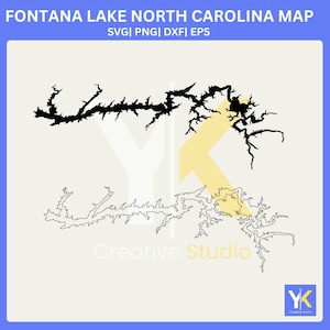 May include: Black and white map of Fontana Lake in North Carolina. The map is a detailed outline of the lake's shape, with the text "FONTANA LAKE NORTH CAROLINA MAP" at the top. The image also includes the text "SVG | PNG | DXF | EPS".