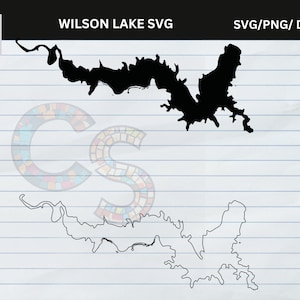 Könnte beinhalten: Schwarz-weiße SVG-Datei des Wilson Lake, mit dem Text "WILSON LAKE SVG" und "SVG/PNG/ DXF/EPS". Das Bild enthält eine schwarze Silhouette und eine Strichzeichnung des Umrisses des Sees.