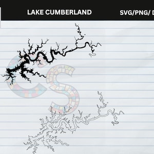 Puede incluir: Silueta negra del lago Cumberland, Kentucky, con el texto "LAKE CUMBERLAND" arriba. La imagen también incluye las opciones de tipo de archivo "SVG/PNG/ DXF/EPS". El contorno del lago es una representación abstracta detallada.