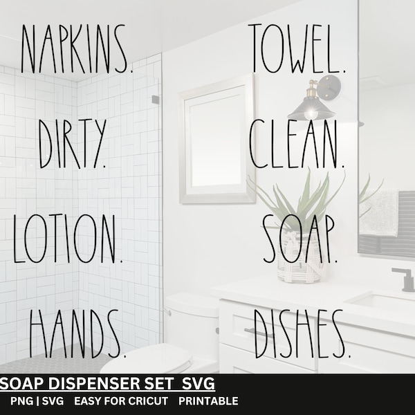 Handcrafted Soap Dispenser and Bathroom Words SVG Files - Towels, Napkins, Clean, Dirty, Soaps, Lotions, Dishes