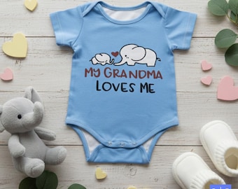 My Grandma Loves Me All-Over Print Cotton Baby Snap-Up Romper, Short Sleeve Infant Outfit, Baby Romper for Boys & Girls, Baby Shower Gift