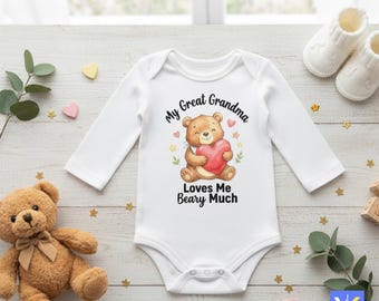 My Great Grandma Loves Me Beary Much Baby Bodysuit, Cute Bear Baby Romper, Personalized Unisex Cotton Long Sleeve Baby Outfit