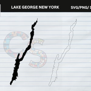 May include: A black silhouette and outline of Lake George, New York, on a lined paper background. The text "LAKE GEORGE NEW YORK" and "SVG/PNG/DXF/EPS" are displayed at the top. A colorful logo is in the upper left corner.