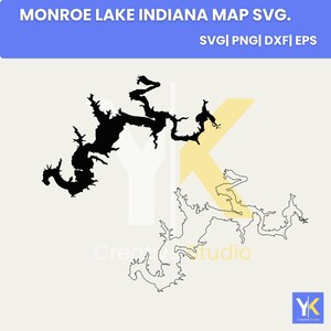 May include: A digital graphic of Monroe Lake in Indiana, presented in black and outlined in black. The image includes the text "MONROE LAKE INDIANA MAP SVG" and file type options: SVG, PNG, DXF, and EPS. A Creative Studio logo is in the bottom right corner.