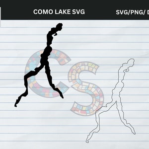 Puede incluir: Silueta negra del lago de Como, Italia, en formato SVG. La imagen incluye el contorno del lago y una versión en negro sólido. El texto en la parte superior dice "COMO LAKE SVG" y "SVG/PNG/ DXF/EPS". El fondo es papel rayado.