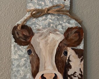 Hand-Painted Cow Painting on Metal | Rustic Farmhouse Wall Decor