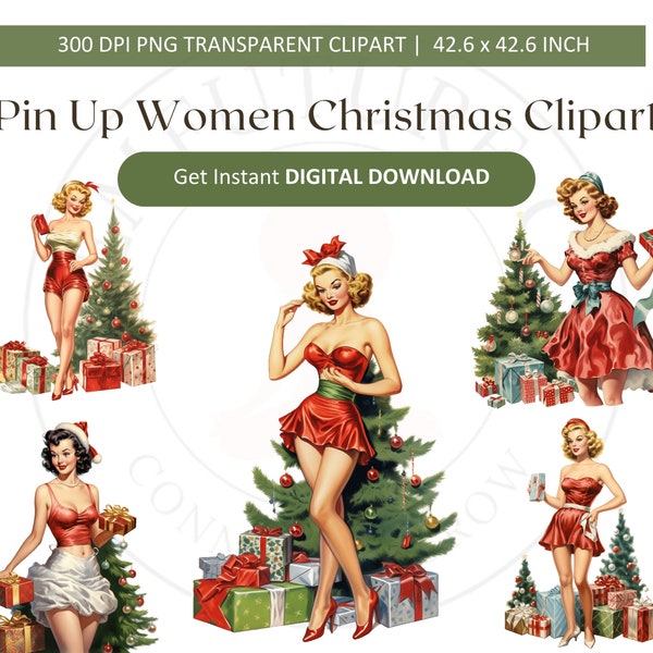 Pin Up Women Christmas Watercolor Clipart, Reindeer Christmas Clipart, Fantasy Christmas, Digital clipart, Transparent Background clipart