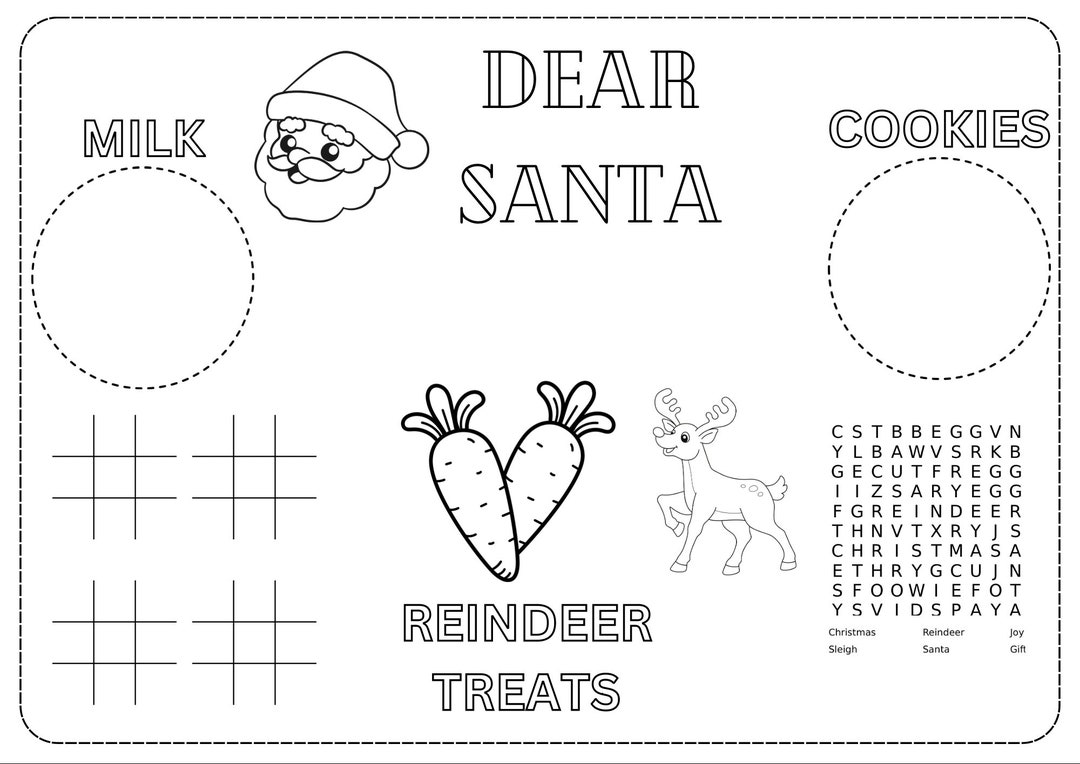 Milk and Cookies for Santa Printable Placemat, Dear Santa Coloring